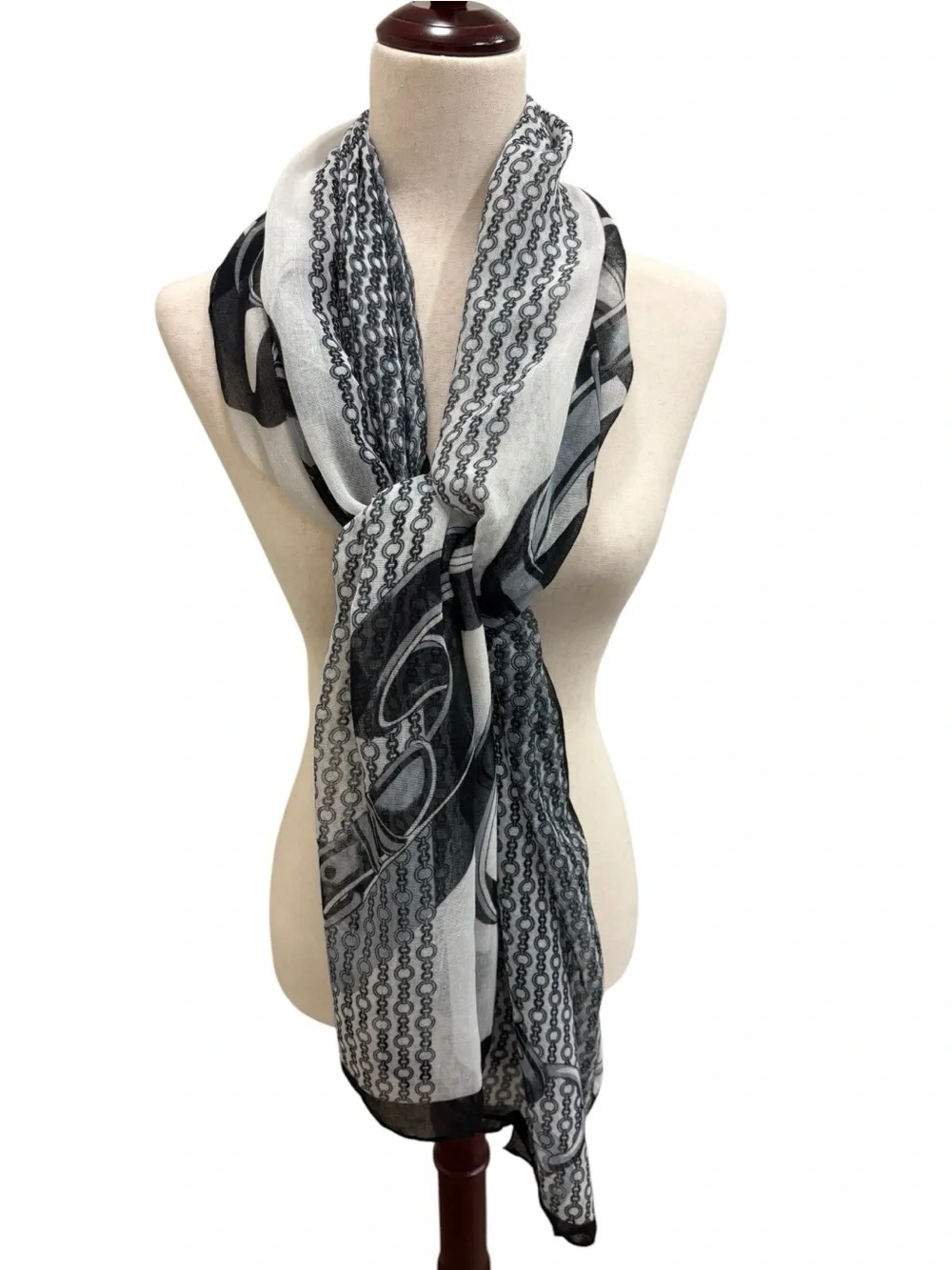 Huge 62”x70” Black & White Equestrian Motif Print Scarf - Women's Accessory